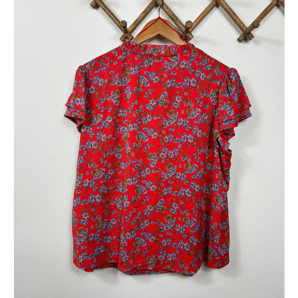 CeCe Flutter Sleeve Floral Print Tie Neck Blouse in Poppy Red Size 2X - Picture 3 of 8